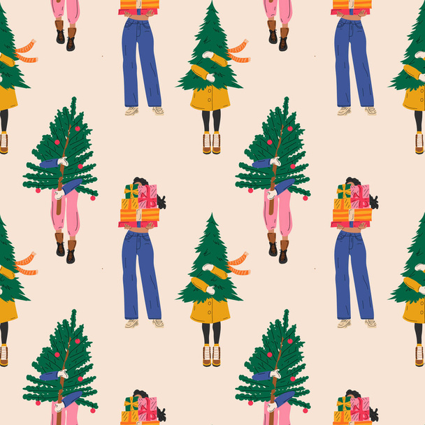 Patrón sin costuras con Conjunto de tres chicas que llevan árbol de navidad Ilustración vectorial - Vector, Imagen