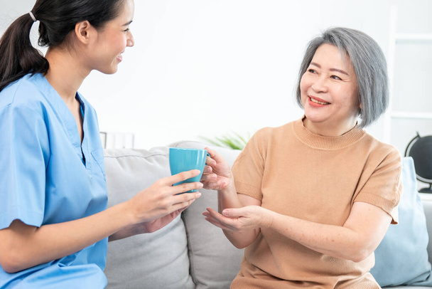 Female care taker serving her contented senior patient with a cup of coffee at home, smiling to each other. Medical care for pensioners, Home health care service. - Foto, immagini