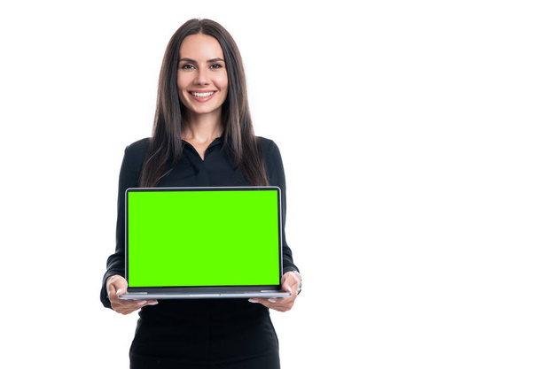 Happy woman blogger holding laptop computer with green screen chroma key effect for blogging live video streaming for social media studio isolated on white, copy space. - Photo, Image