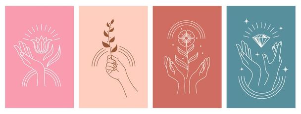 Kosmeettisia ja SPA kuvakkeet naisen kädet, aurinko, kukka, helmi ja kuu vektorin Boho linja. Timanttikorut, kukka kukka ja kasvi haara symbolit kosmeettisia suunnittelu, kosteusvoide kerma tai SPA ihonhoito - Vektori, kuva