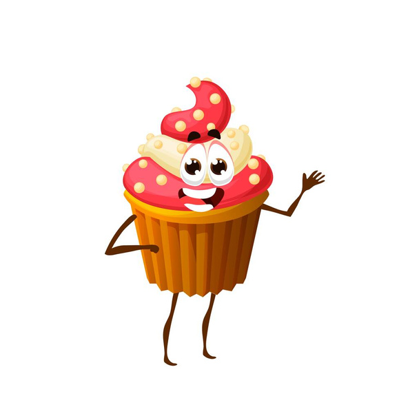 Dessin animé personnage de cupcake à la fraise, drôle de dessert vectoriel muffin à la crème et saupoudrer. Personnage de boulangerie avec le visage souriant agitant la main. Production de gâteaux de boulangerie, bonbons de confiserie kawaii - Vecteur, image