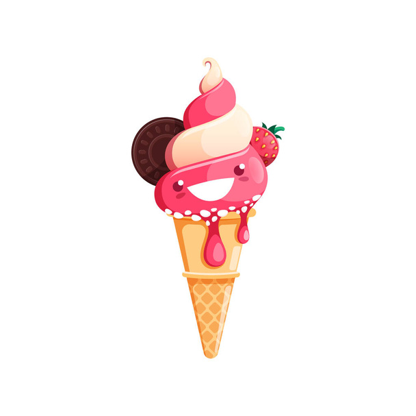 Παγωτό καρτούν χαρακτήρα επιδόρπιο παγωτό, Kawaii βάφλα κώνο προσωποποίηση με φράουλα και μπισκότο σοκολάτας. Μεμονωμένο διανυσματικό χαμογελαστό επιδόρπιο με ροζ στροβιλισμό και κύπελλο γκοφρέτας. Αστείο σνακ αναψυκτικού - Διάνυσμα, εικόνα