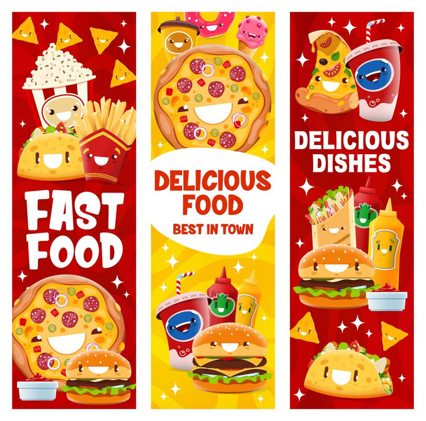 Cartoon afhaalmaaltijden fast food personages. Popcorn, frietjes en taco 's, pizza, hamburger en ijs, frisdrank, nacho chips en donut street food restaurant grappige maaltijden vector banners - Vector, afbeelding