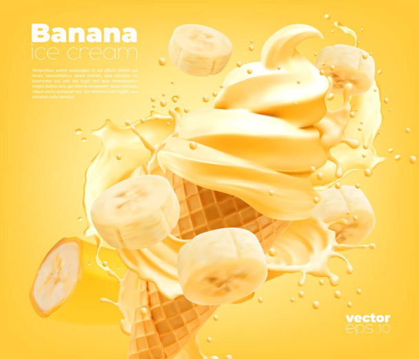 Cono de helado suave de plátano con salpicadura, anuncio realista vector con salpicaduras de sabor a fruta. Helado de plátano o gelato en cono de oblea con trozos de plátano flujo ola y gotas salpicaduras, publicidad iecream - Vector, imagen