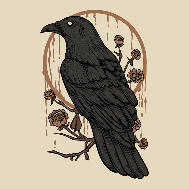 Illustration vectorielle Perche corbeau sur la branche fleur avec illustration vintage fleur - Vecteur, image