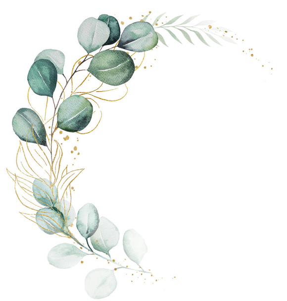 緑と金色の水彩ユーカリの葉や小枝で作られたリース,孤立したイラスト.ロマンチックな結婚式の文房具、挨拶カードや工芸品の植物要素 - 写真・画像
