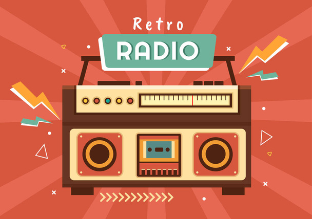 Retro Radio Player Style for Record, Old Receiver, Συνεντεύξεις Celebrity και Ακούγοντας Μουσική στο χέρι Πρότυπο Σχεδιασμένο Cartoon Flat Εικονογράφηση - Διάνυσμα, εικόνα