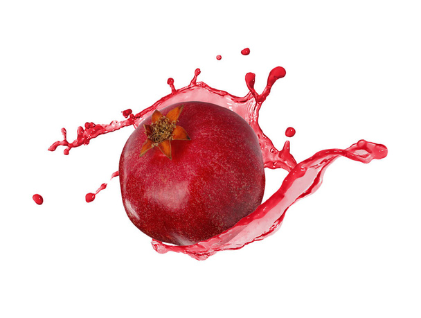 Fresh ripe pomegranate and splash of juice on white background - Foto, Bild