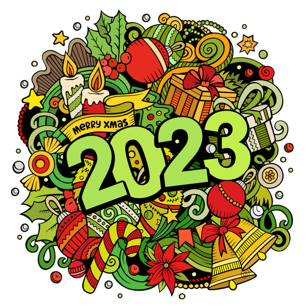 2023 doodles illustration. New Year objects and elements poster design. Creative cartoon holidays art background. Colorful raster drawing - Photo, image