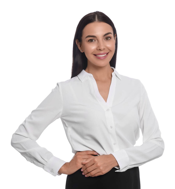 Portrait of hostess in uniform on white background - Foto, imagen