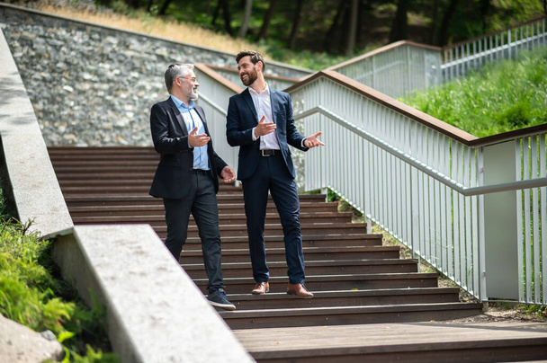 Discussing the project. Two businessmen walking down the stairs and talking - 写真・画像