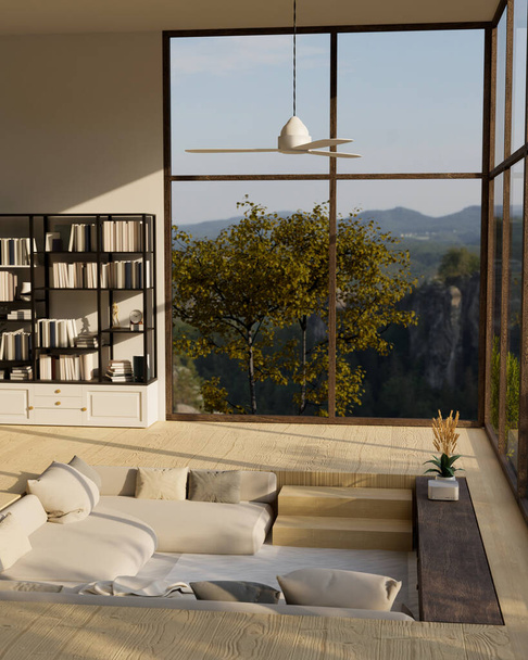 Moderní moderní potopený design interiéru obývacího pokoje s pohodlnou pohovkou, stropním ventilátorem, úžasným velkým oknem s výhledem na hory, knihovnami a podlahou z tvrdého dřeva. 3D vykreslení, 3D ilustrace - Fotografie, Obrázek