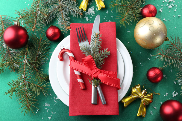 Stylish red, green and white Christmas table setting  - Фото, изображение