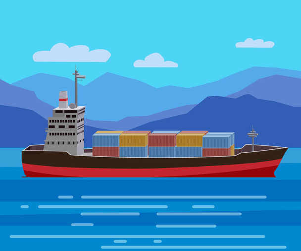 Ναυάγιο φορτηγού πλοίου στον ωκεανό, πλοίου που πηγαίνει κάτω από εμπορευματοκιβώτια νερού και εμπορευμάτων. Θαλάσσιες μεταφορές συντριβή, εικονογράφηση φορέα κινουμένων σχεδίων - Διάνυσμα, εικόνα