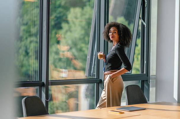 Beautiful business lady. Elegant beautiful curly-haired woman at the window in the office - Foto, afbeelding