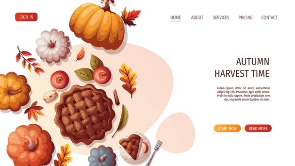 Barevné dýně, jablečný koláč a podzimní listí. Podzim, sklizeň, Den díkůvzdání, podzimní koncept. Vektorová ilustrace. Šablona nápisu webových stránek. - Vektor, obrázek