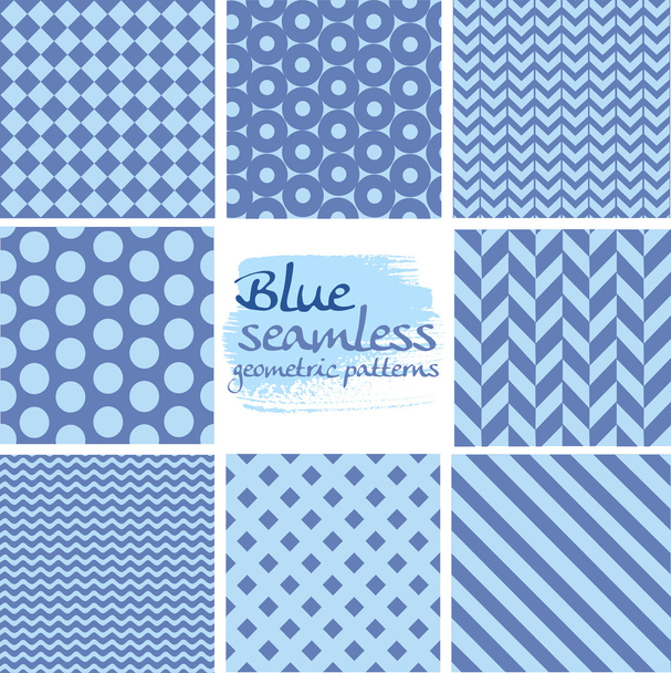 Set blauer nahtloser geometrischer Muster auf weißem Grund - Vektor, Bild
