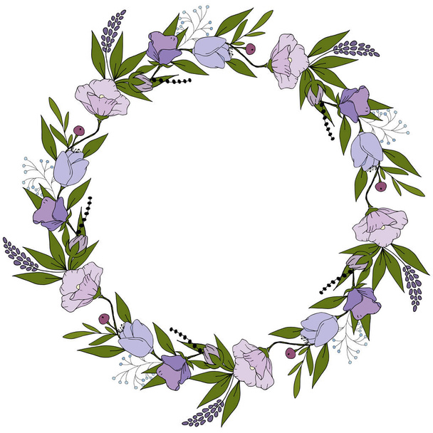 Botanical purple hand drawn wreath isolated on white background - Vector, Image