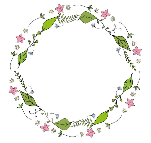 Coroa de elementos florais desenhados à mão isolada sobre fundo branco. Para cartões, convites, salve os cartões de data - Vetor, Imagem