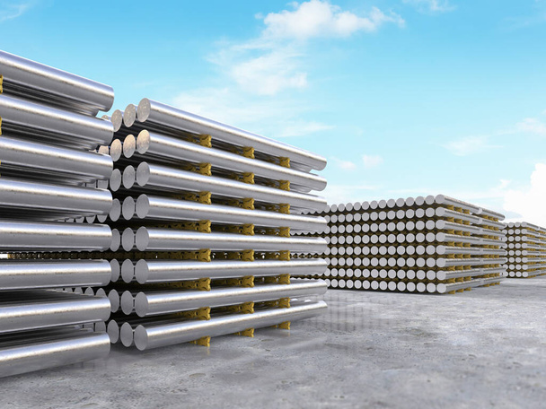 3d rendering heap of shiny aluminium billets in factory - Photo, Image