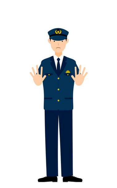 Giovane poliziotto di sesso maschile posa, mettendo entrambe le mani davanti a voi per fermare - Vettoriali, immagini