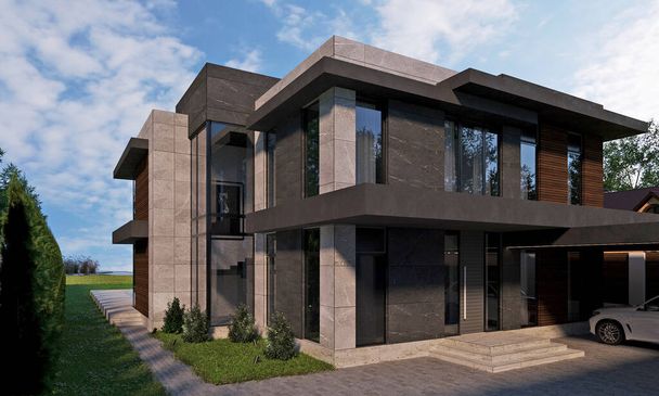 3D-Visualisierung eines modernen Hauses mit Schwimmbad. Haus mit Carport. Luxusarchitektur - Foto, Bild