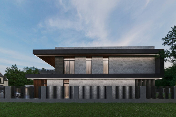 3D απεικόνιση ενός σύγχρονου σπιτιού με πανοραμικά παράθυρα και μεγάλη βεράντα. πολυτελής αρχιτεκτονική - Φωτογραφία, εικόνα