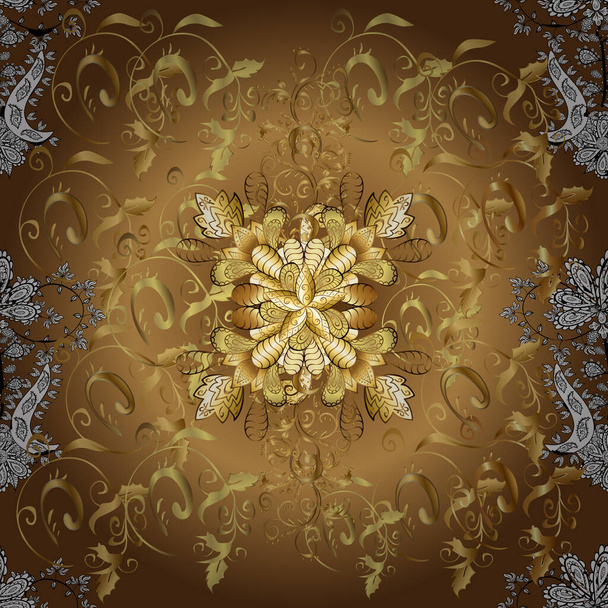 Damasco sem costura padrão de repetição. Elemento dourado nas cores marrom, amarelo e bege. Ornamento floral de ouro em estilo barroco. Antique papel de parede repetível dourado. - Vetor, Imagem