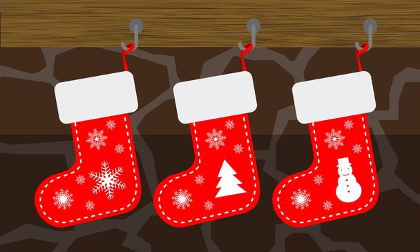 Χριστουγεννιάτικες κάλτσες, κόκκινο χρώμα, ξύλινο φόντο - Διάνυσμα, εικόνα