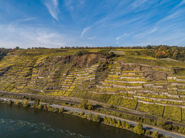 Aerial view Famous German Wine Region Moselle River Lay and Guels village Autumn Fall colors. - Fotografie, Obrázek