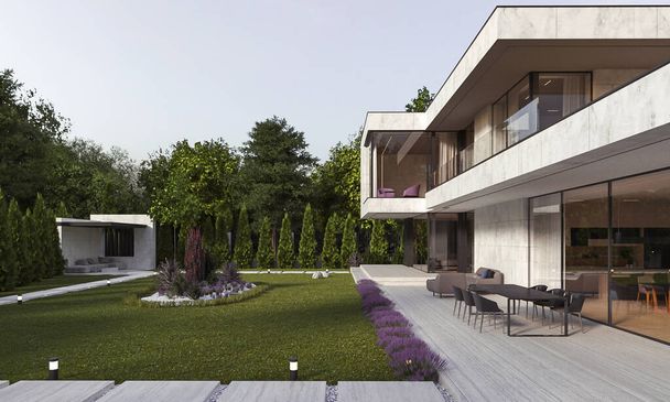 3D visualization of a modern house with a courtyard and panoramic windows. House in the style of minimalism. House with a canopy - Фото, изображение