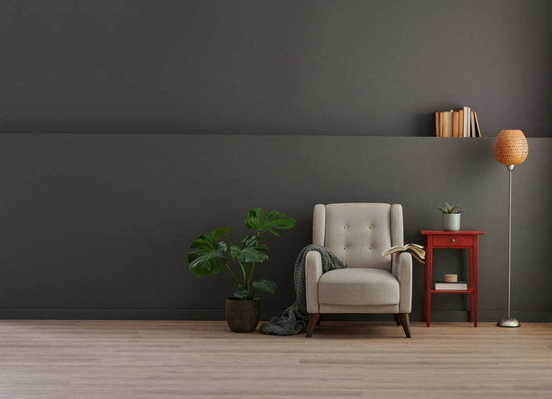 Style de fond de salle de mur gris avec niche, table de travail, fauteuil et vase de style végétal. - Photo, image