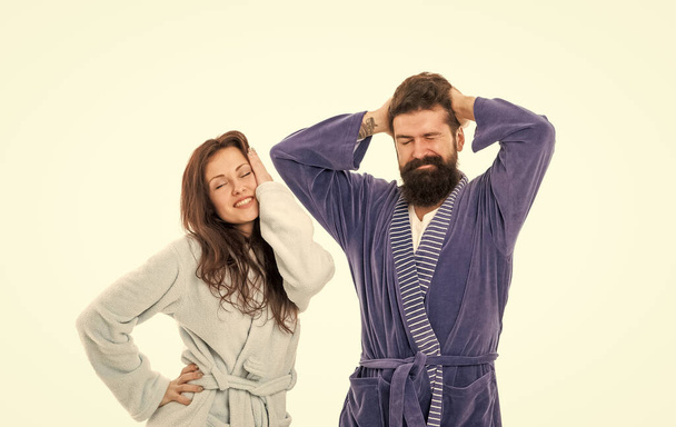 Feeling sleepy. Family couple with sleepy look. Tired man and woman in robes. Sleepiness and tiredness. Good night rest is needed. - Fotografie, Obrázek