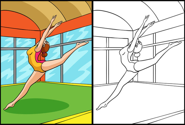 This coloring page shows Gymnastics. One side of this illustration is colored and serves as an inspiration for children. - Vector, Image