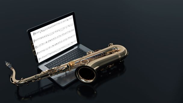 Ordinateur avec saxophone
 - Photo, image