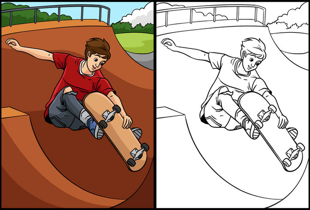 Questa pagina da colorare mostra uno skateboard. Un lato di questa illustrazione è colorato e serve come ispirazione per i bambini. - Vettoriali, immagini