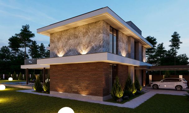 3D visualization of a modern house with a swimming pool and a large yard. luxurious architecture - Photo, Image