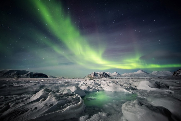 Donmuş fiyort ve Kuzey ışıkları - Arctic doğal peyzaj. - Fotoğraf, Görsel