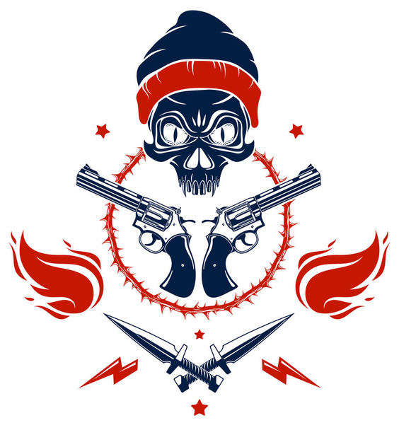 Revolution and Riot wicked emblem or logo with aggressive skull, weapons and different design elements , vector tattoo, anarchy and chaos, rebel partisan and revolutionary. - Vektör, Görsel