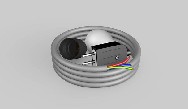 3D рендеринг спирали трехполюсного электрического кабеля с лампочкой, держателем лампы и розеткой - Фото, изображение