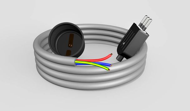 Representación 3D de la espiral de un cable eléctrico de tres polos con enchufe - Foto, Imagen