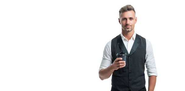 Happy manager in suit vest holding disposable cup with takeaway tea isolated on white. - Foto, immagini