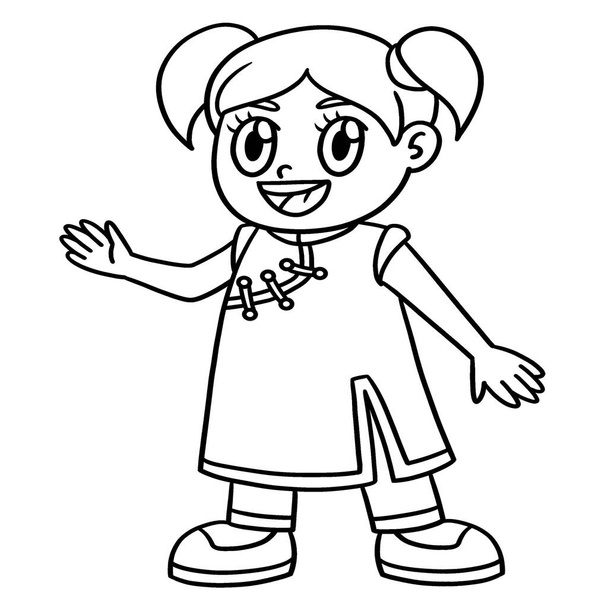 A cute and funny coloring page of a Happy Chinese Girl. Provides hours of coloring fun for children. Color, this page is very easy. Suitable for little kids and toddlers. - Vettoriali, immagini