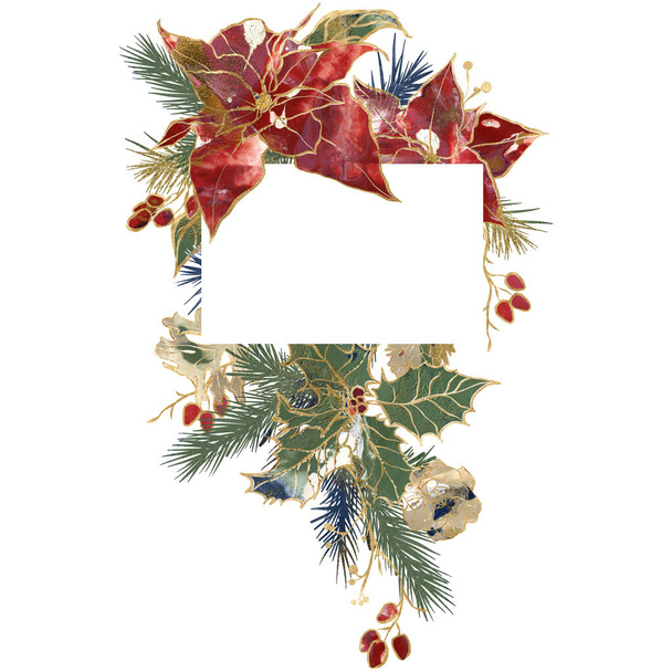 Akvarel Vánoční horizontální rám ze zlatého obrysu špiček a velkých větví. Ručně malované prázdninové přání z květin izolovaných na bílém pozadí. Ilustrace pro design, tisk nebo pozadí - Fotografie, Obrázek