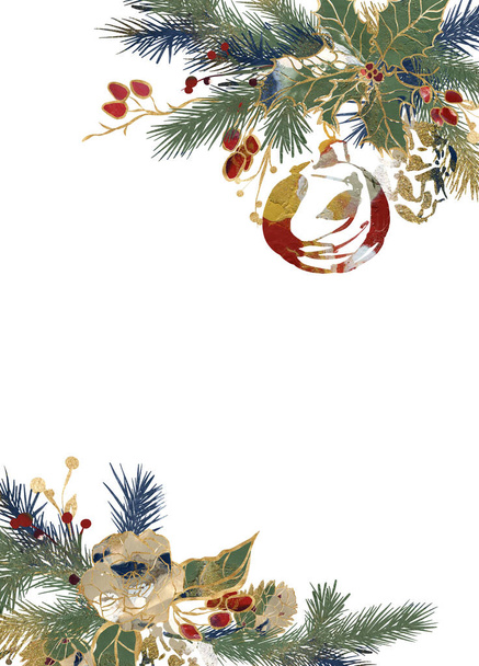 Akwarela Christmas ramki złotego konturu liści dębu, zabawki i niebieskie gałązki jodły. Ręcznie malowane karty wakacje kwiaty izolowane na białym tle. Ilustracja projektu, druku lub tła - Zdjęcie, obraz