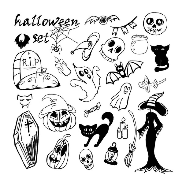 Collection of traditional elements for Halloween. Ghost, witch, spider, web, skull, bat, pumpkin, moon, coffin, lantern, cat. Graphic drawing in the doodle tile. Separate isolated element. - Vektör, Görsel