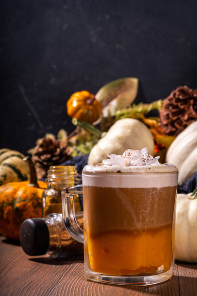 Glass cup with tasty pumpkin spice latte, with white and orange pumpkin squash, pumpkin pie spices and autumn decor copy space. Traditiional autumn Thanksgiving holiday drink - Photo, Image