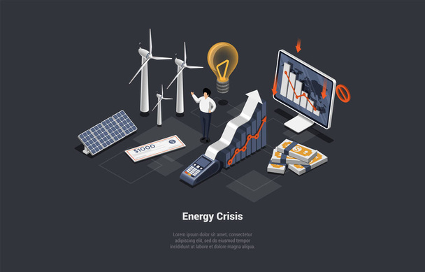 Concept Of Energy Crisis, Oil And Natural Gas Embargo, Default. Decreasing Of Generation And Supply of Electricity. Sustainable ESG industry with Windmills. Isometric Cartoon 3D Vector illustration. - Vector, Image