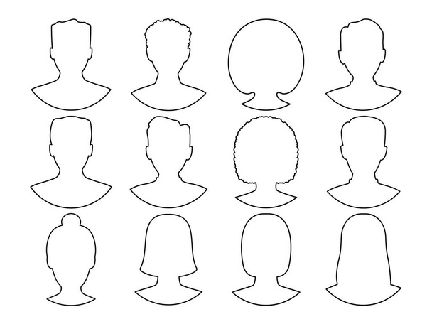 Male and female line avatar set. Anonymous people head outline group. Men and women profile face collection. Vector isolated on white. - Vector, Image