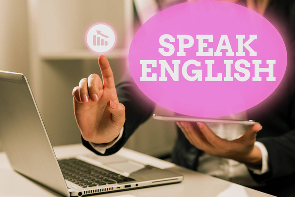 Handschrift-Gebärden Englisch sprechen, Business Overview Studium einer anderen Fremdsprache Online Verbal Courses - Foto, Bild